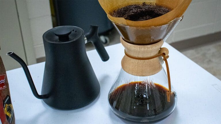 Chemex brewer and gooseneck kettle ready for pour over coffee