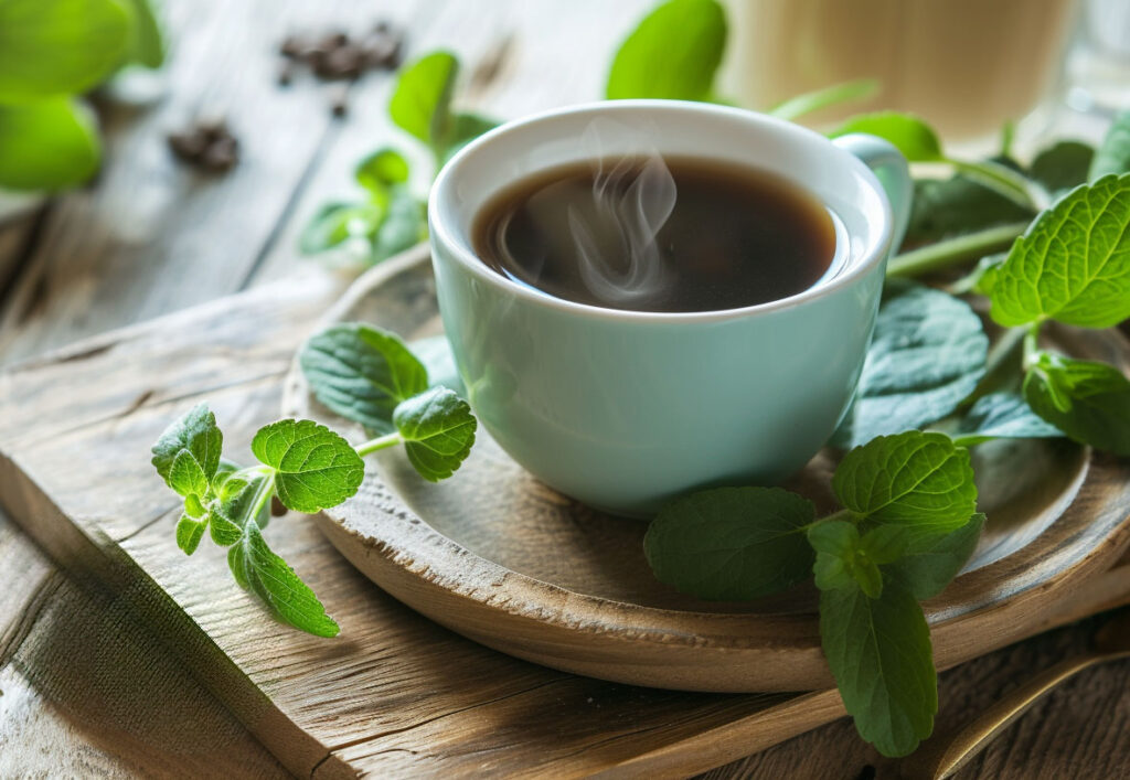 A Mug Of Hot Coffee Surrounded By Stevia Leaves A Mug Of Hot Coffee Surrounded By Stevia Leaves