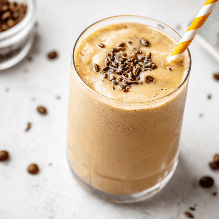 a javy coffee smoothie in a glass cup with a straw