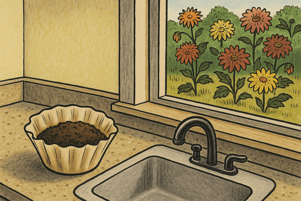 Are Coffee Grounds Good For Dahlias? Benefits, Tips, And Mistakes To Avoid 4 Used Coffee Grounds In A Filter On A Kitchen Counter With Dahlias Visible Through The Window.