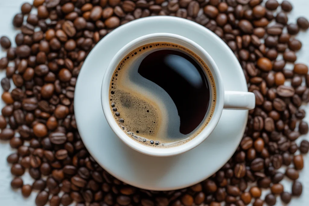 Does Coffee Make Your Pee Yellow? What Your Urine Color Says About Your Health 2 Does Coffee Make Your Pee Yellow – Close-Up Of Black Coffee In White Cup Surrounded By Roasted Beans