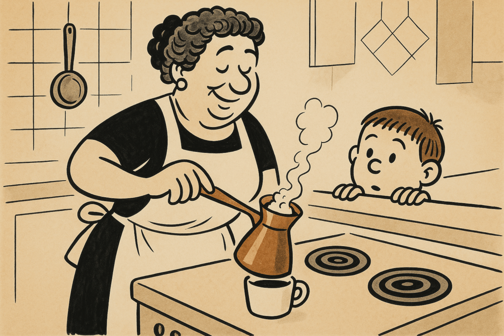 Older Woman Pouring Greek Coffee From A Briki For A Curious Child At The Stove.