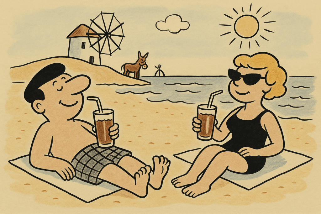  Cartoon Couple Lounging On A Greek Beach, Drinking Iced Frappé With Straws.