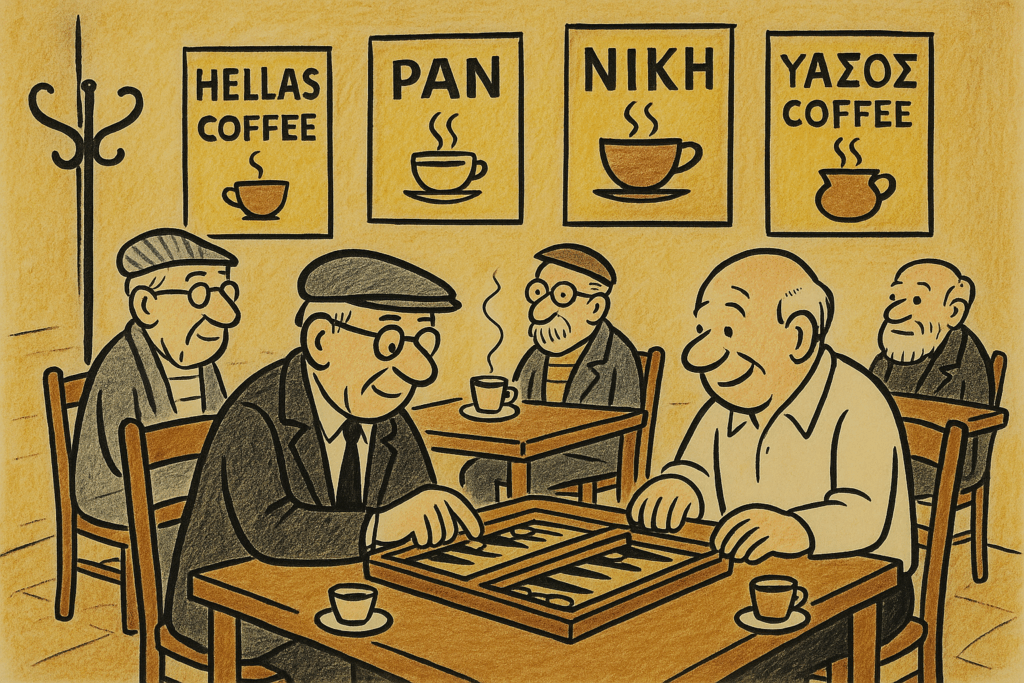 Greek Men Playing Backgammon In A Kafeneio With Steaming Demitasse Cups On The Table.

