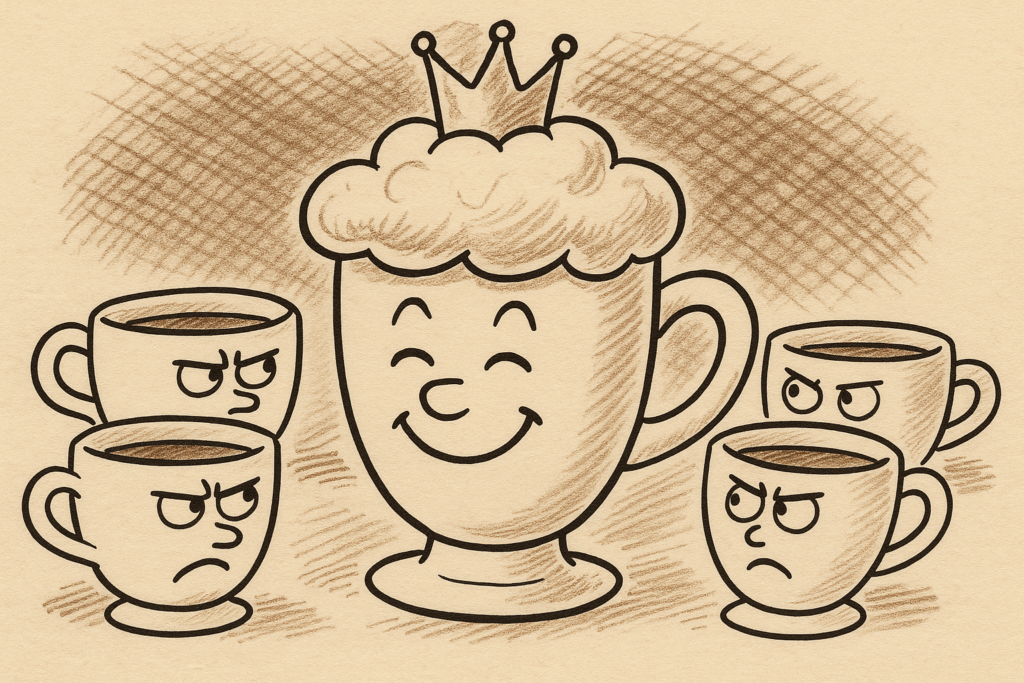 Happy Foamy Greek Coffee Cup With A Crown, Surrounded By Jealous Plain Cups.