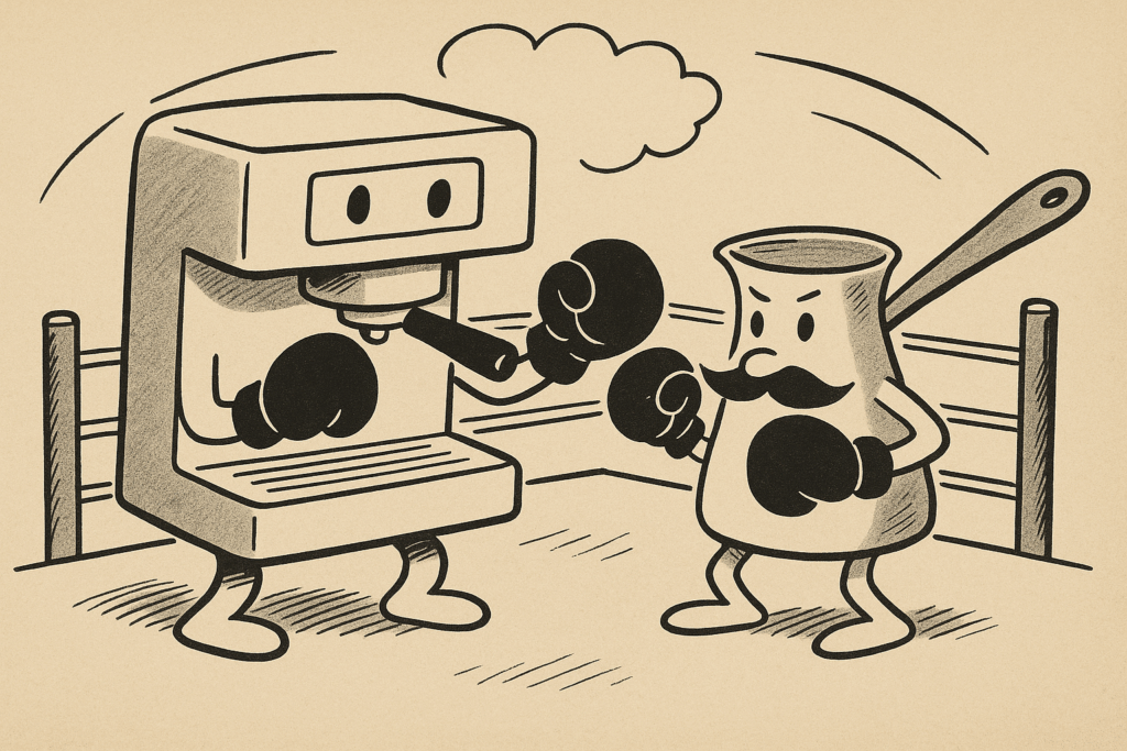 Boxing Match Between A Briki Pot And An Espresso Machine In Cartoon Style.