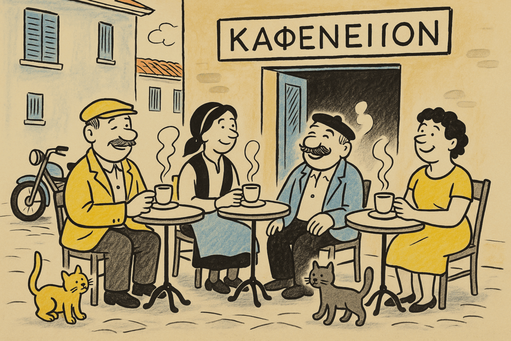 Four People Enjoying Greek Coffee Outside A Kafeneion, Cats And Motorcycle In Background.