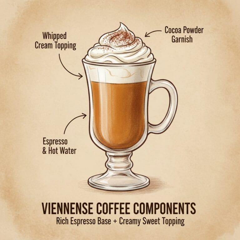 Illustrated components of Viennese coffee with espresso and whipped cream
