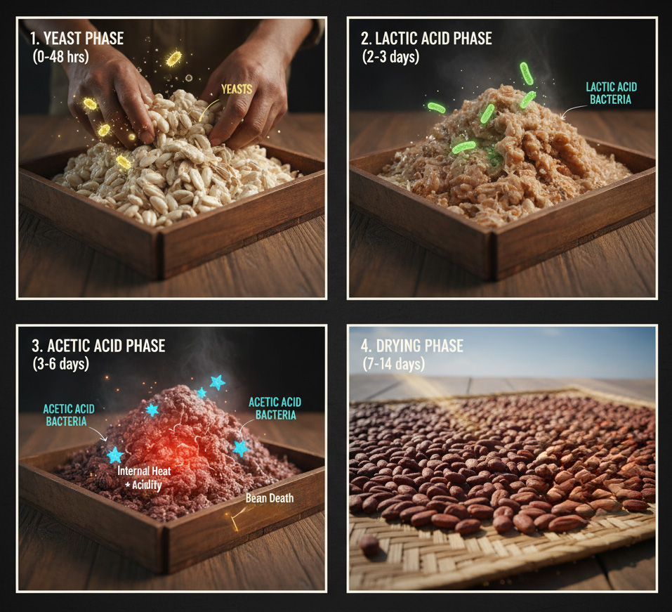 Cocoa And Coffee Fermentation: How Microbes Shape Flavor And Quality (Complete Guide) 4 Four-Panel Illustration Showing The Stages Of Cocoa Fermentation: Yeast, Lactic Acid, Acetic Acid, And Drying Phases.