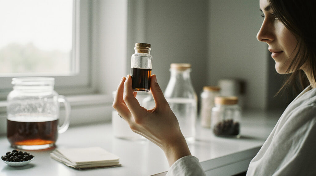 Coffee Fermentation Waste Isn’t Trash—It’s The Future And More 6 Lab Worker Holding A Vial Of Concentrated Coffee Extract.
