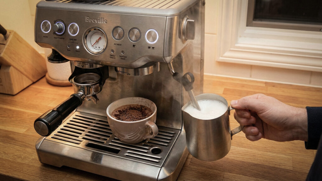 Breville Machine Preparing Hot Chocolate.