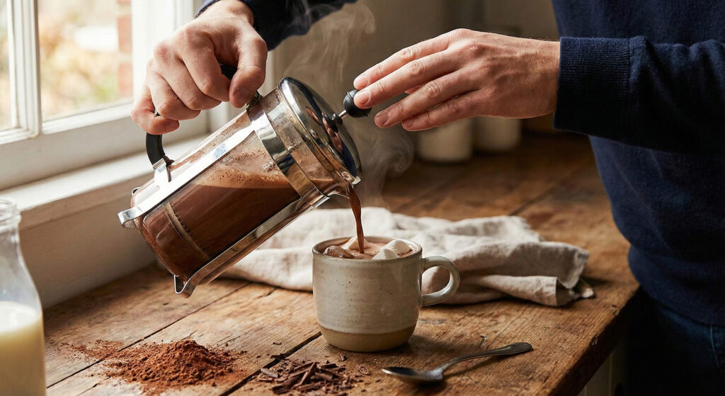 French Press Hot Chocolate Being Poured Into A Mug On A Rustic Wooden Counter, With Steam Rising, Cocoa Powder Scattered Nearby, And Marshmallows Floating On Top.
