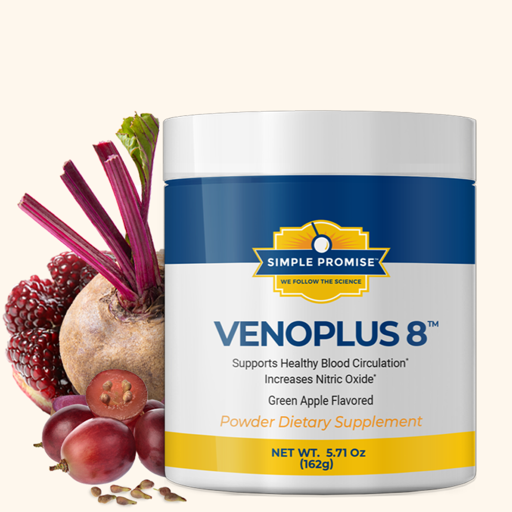 Container Of Venoplus 8™ Dietary Supplement With Green Apple Flavor, Surrounded By Beetroot, Pomegranate, And Grapes On A White Background.
