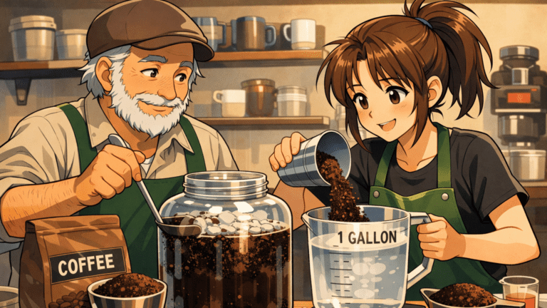 Coarse coffee grounds and cold water in a gallon jar for cold brew concentrate