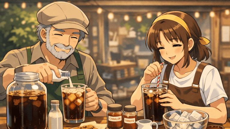 Finished cold brew coffee served with ice and milk